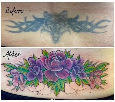 Before and after floral tattoo cover-up by Joshua Cole in Las Vegas