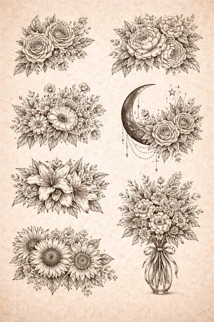 Botanical & celestial — palm-size flash tattoo under $100, Work of Art Las Vegas, Work of Art Tattoo & Piercing, Las Vegas