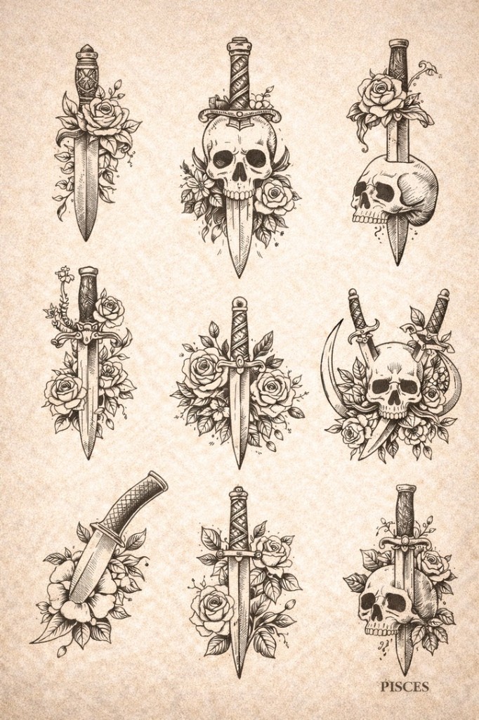 Dagger · skull · rose set — palm-size flash tattoo under $100, Work of Art Las Vegas, Work of Art Tattoo & Piercing, Las Vegas
