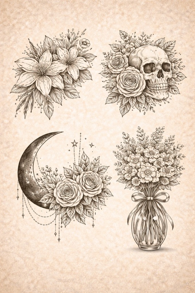 Classic floral · 4 designs — palm-size flash tattoo under $100, Work of Art Las Vegas, Work of Art Tattoo & Piercing, Las Vegas