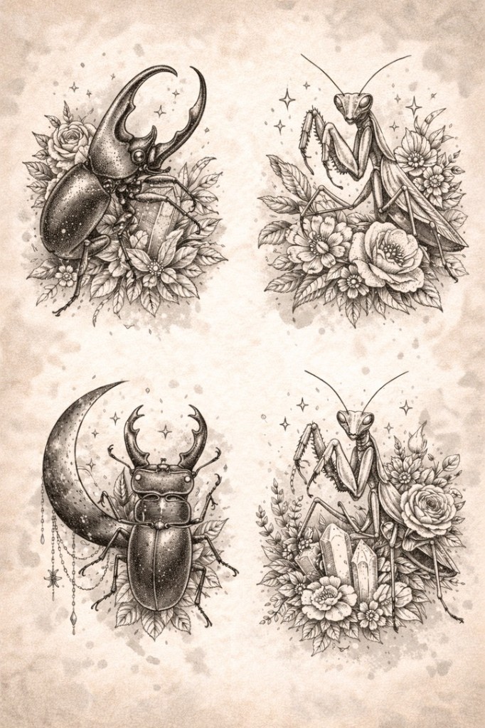 Insects & crystals — palm-size flash tattoo under $100, Work of Art Las Vegas, Work of Art Tattoo & Piercing, Las Vegas