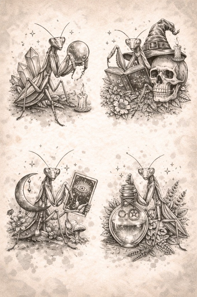 Mystical mantis set — palm-size flash tattoo under $100, Work of Art Las Vegas, Work of Art Tattoo & Piercing, Las Vegas