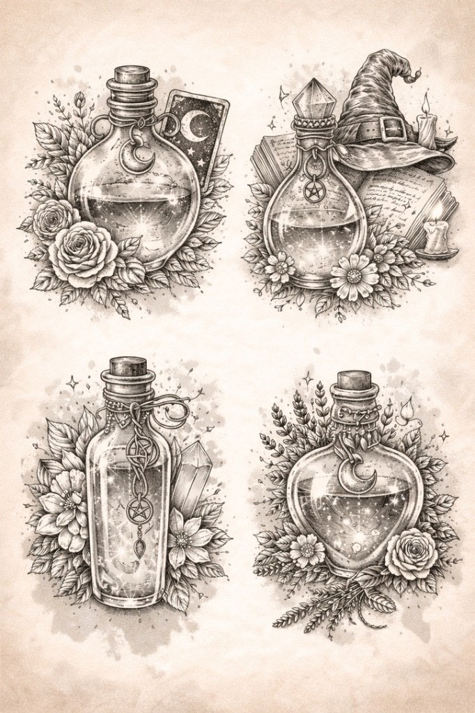 Potion bottles · witchy — palm-size flash tattoo under $100, Work of Art Las Vegas, Work of Art Tattoo & Piercing, Las Vegas