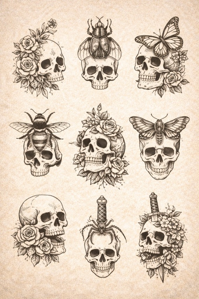 Skull & insect grid — palm-size flash tattoo under $100, Work of Art Las Vegas, Work of Art Tattoo & Piercing, Las Vegas