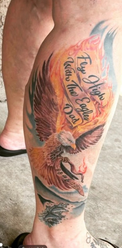 Healed color eagle memorial calf tattoo — Work of Art Las Vegas