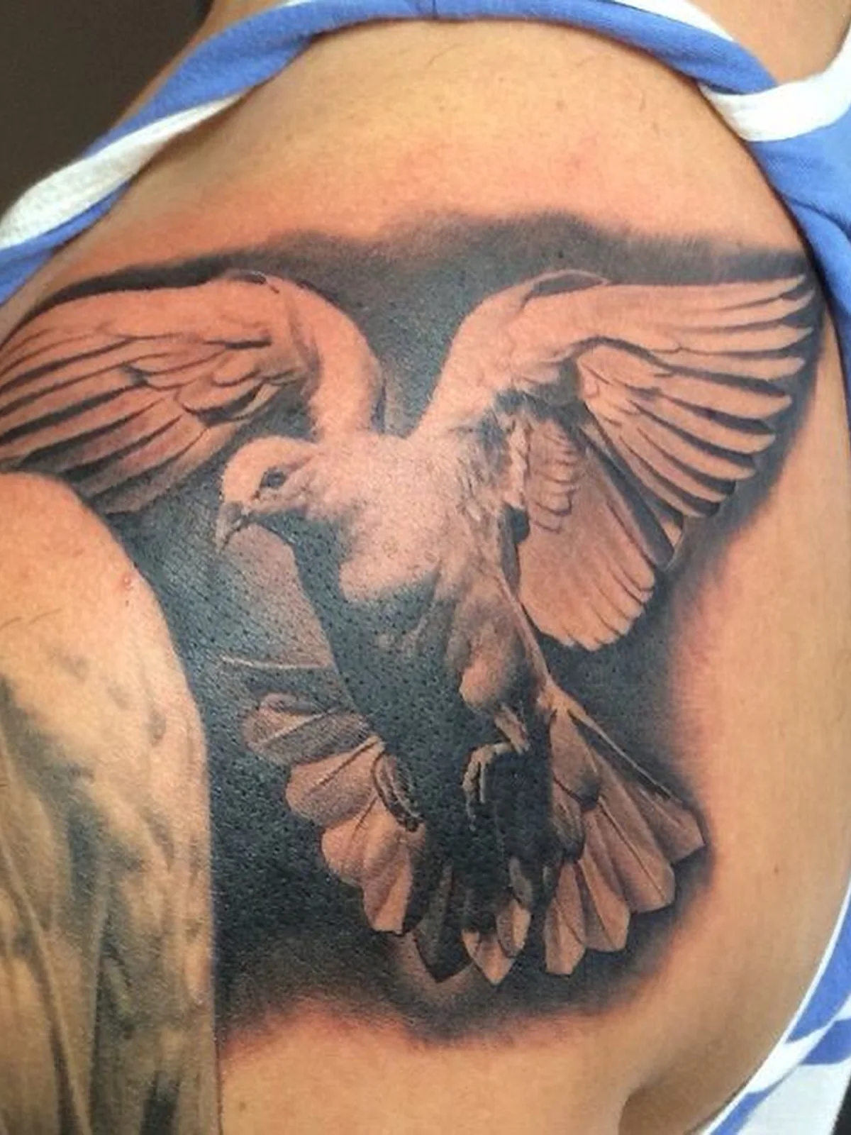 Black and grey eagle shoulder realism tattoo — Work of Art Tattoo Las Vegas