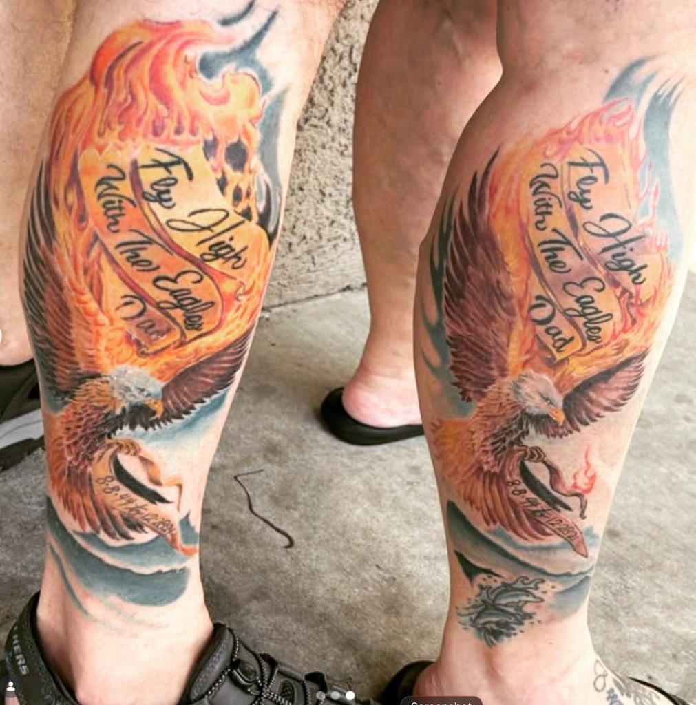 Color eagle memorial leg tattoo — Joshua Cole, Work of Art Las Vegas