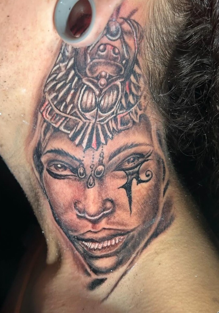 Egyptian face neck black and grey realism tattoo — Joshua Cole, Work of Art Las Vegas