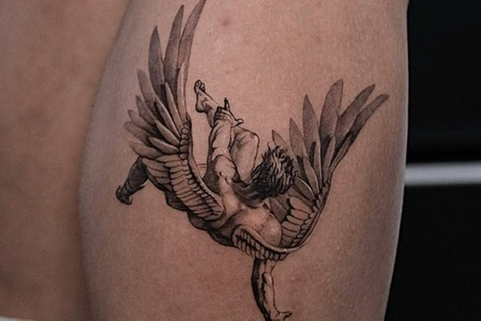 Falling angel black and grey realism tattoo — Joshua Cole, Work of Art Las Vegas