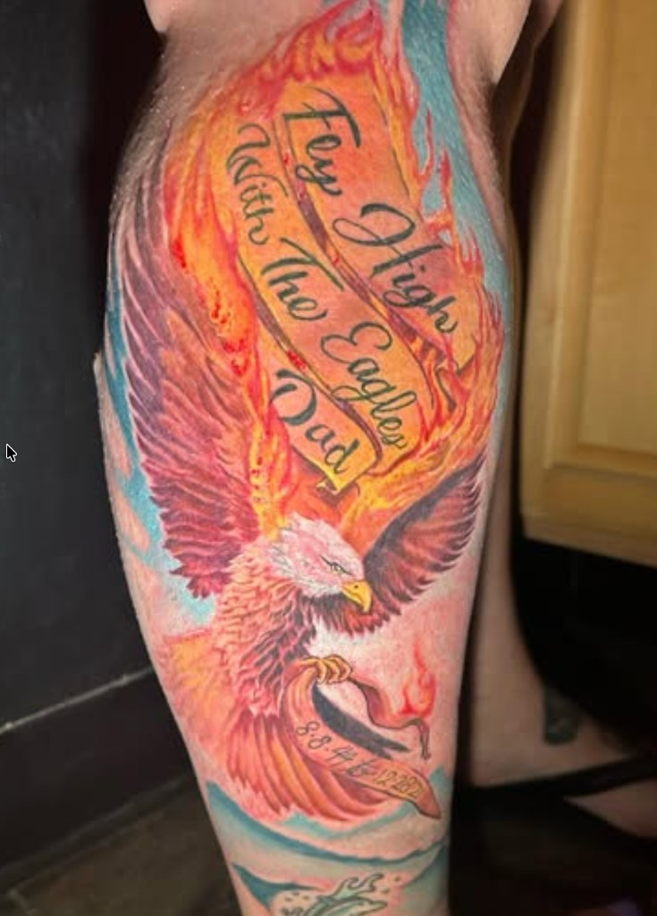 Fly High With The Eagles memorial color leg tattoo — Joshua Cole, Work of Art Las Vegas