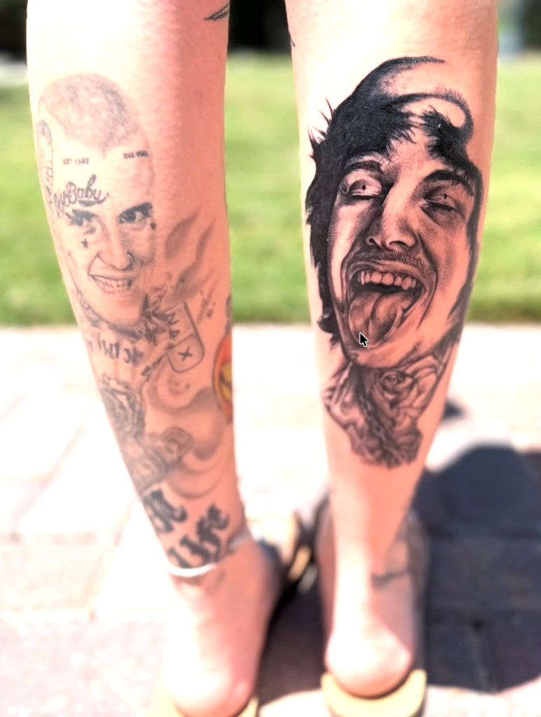 Black and grey portrait leg tattoos — Joshua Cole, Work of Art Las Vegas