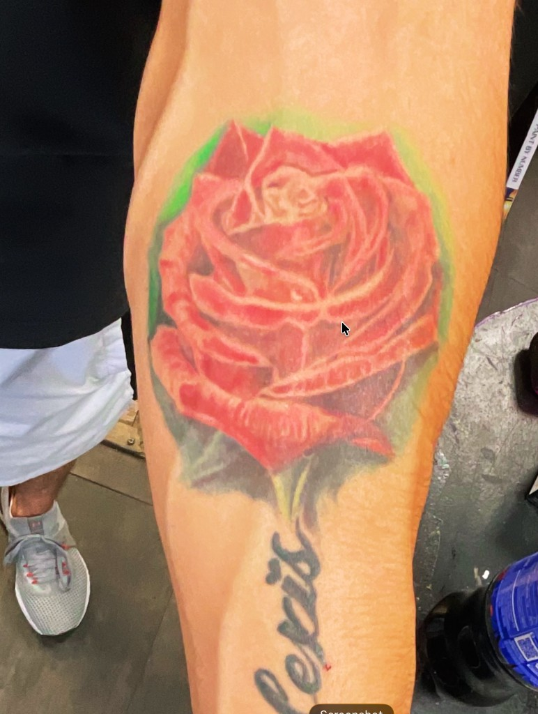 Red rose memorial name tattoo — Joshua Cole, Work of Art Las Vegas