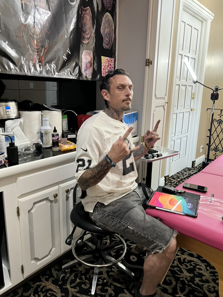 Joshua Cole working on small tattoo at private party — Work of Art Las Vegas, Work of Art Tattoo & Piercing, Las Vegas