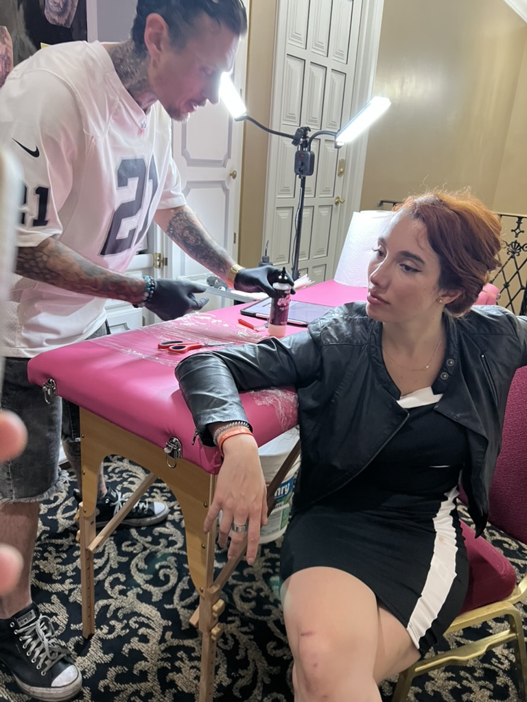 Mobile tattoo workspace with Work of Art banner — private event Las Vegas, Work of Art Tattoo & Piercing, Las Vegas
