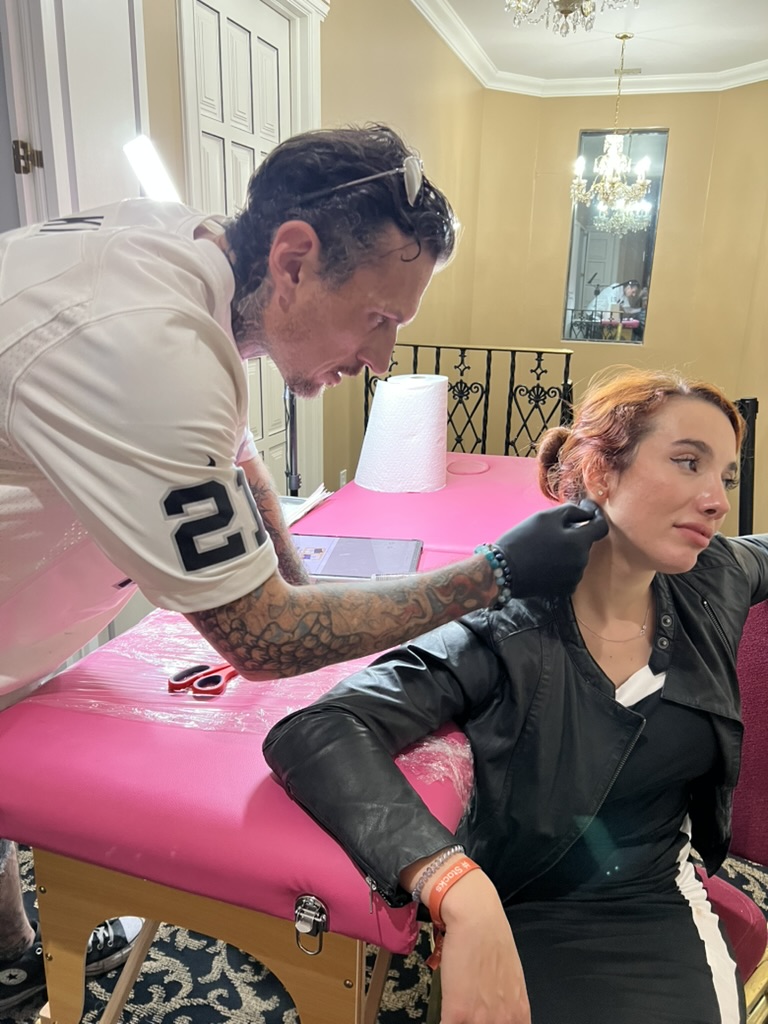 Joshua Cole and Client Preparing for Tattoo at Portable Offsite Station, Work of Art Tattoo & Piercing, Las Vegas