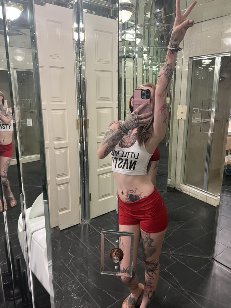 Client mirror selfie showing black widow spider stomach tattoo and full body ink offsite…, Work of Art Tattoo & Piercing, Las Vegas