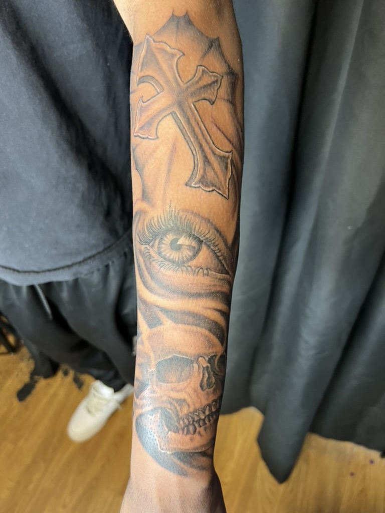Cross eye and skull forearm tattoo in progress — Joshua Cole, Work of Art Las Vegas, Work of Art Tattoo & Piercing, Las Vegas