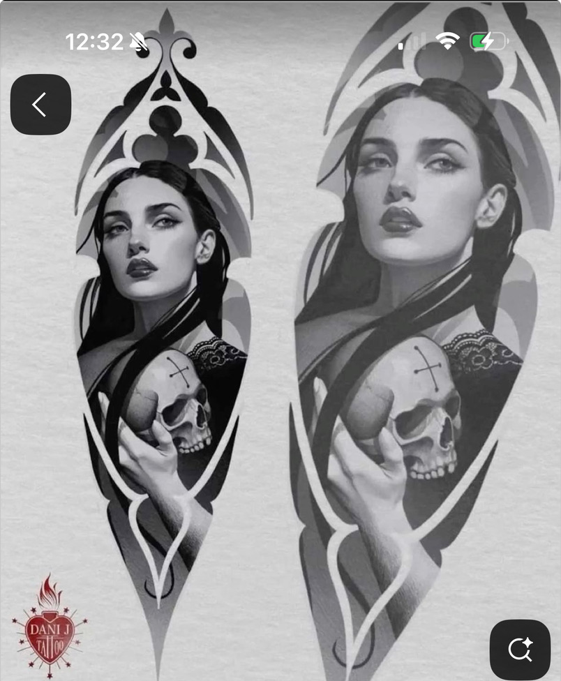 Gothic portrait holding skull in cathedral frame — inspired custom concept Joshua Cole can adapt, Work of Art Tattoo & Piercing, Las Vegas