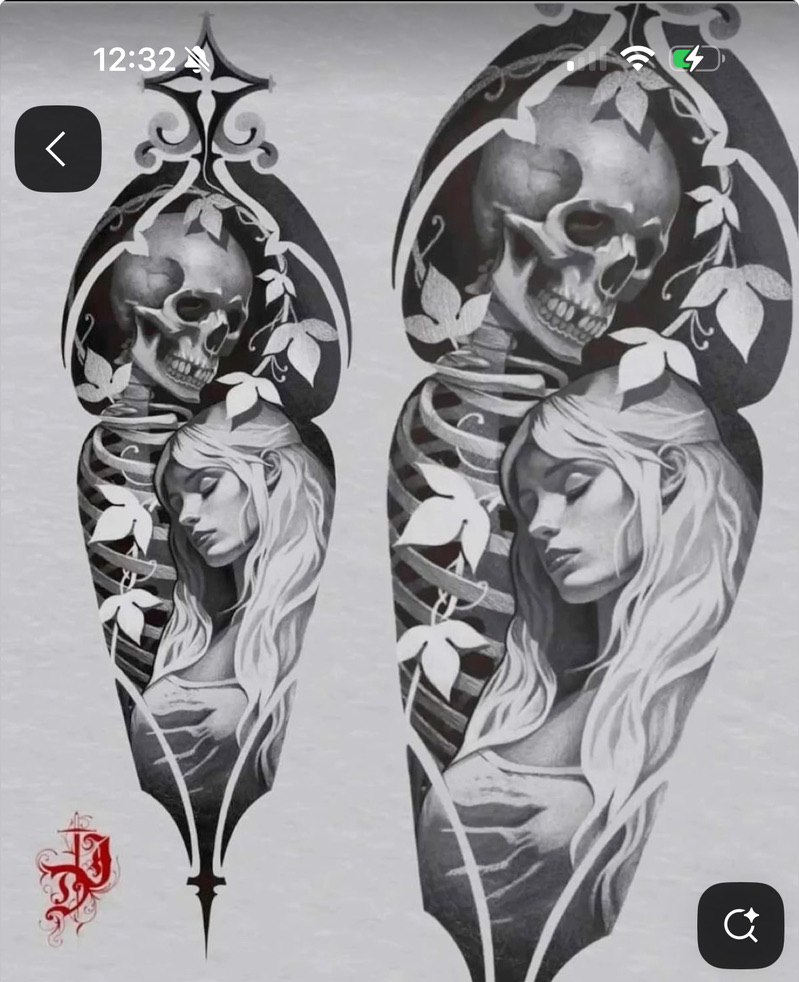 Gothic skull and feminine portrait in ornate frame — Joshua Cole custom design, available to book, Work of Art Tattoo & Piercing, Las Vegas