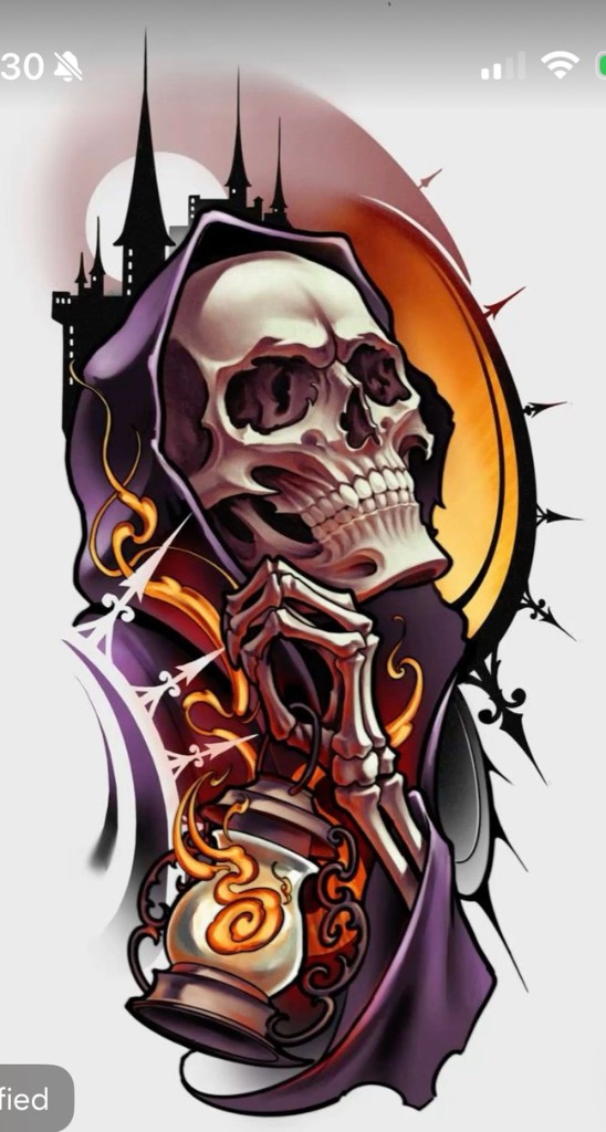 Grim reaper with purple cloak and glowing lantern — custom design by Joshua Cole, available to…, Work of Art Tattoo & Piercing, Las Vegas