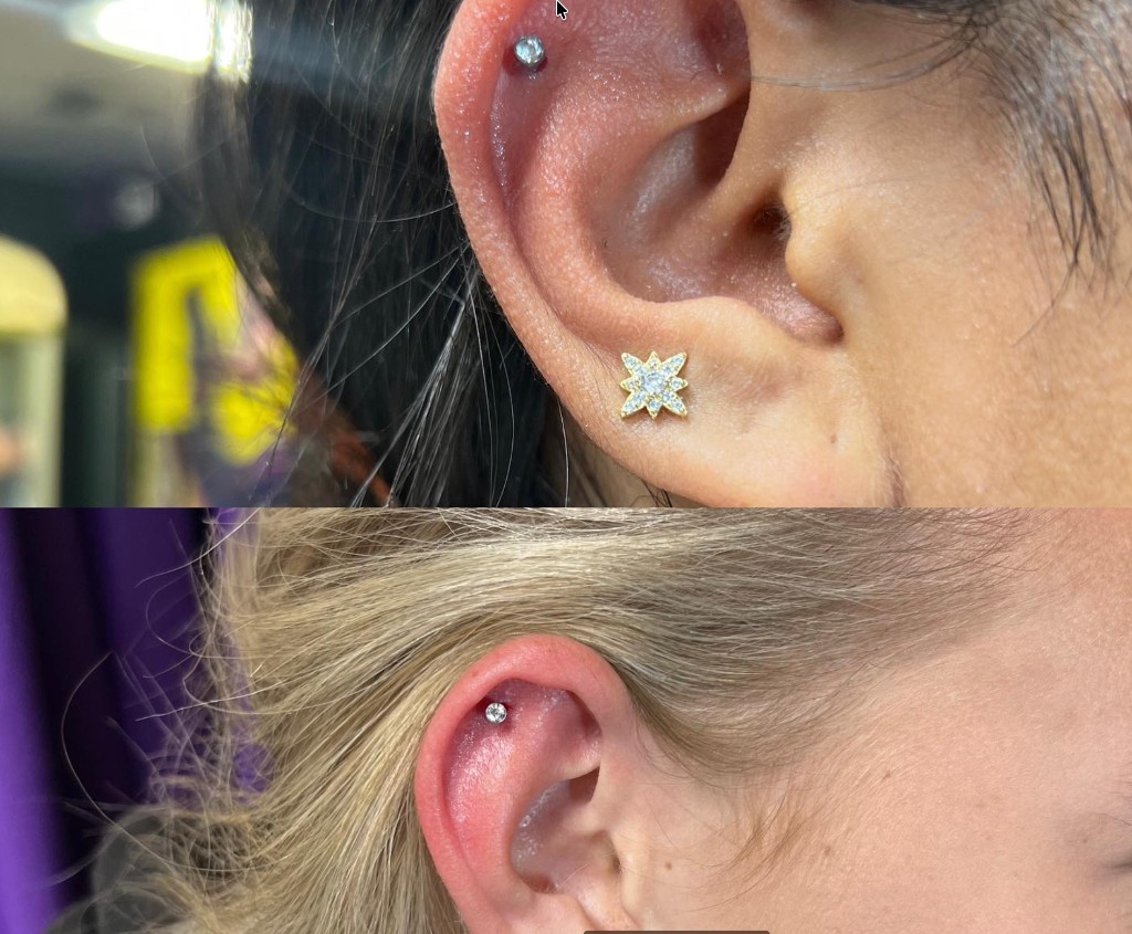 Fresh helix stud and gold starburst lobe earring shown on two separate client ears — Joshua…, Work of Art Tattoo & Piercing, Las Vegas