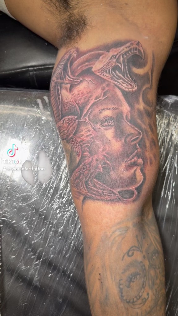Fresh black and grey Medusa realism forearm tattoo — Joshua Cole, Work of Art Las Vegas, Work of Art Tattoo & Piercing, Las Vegas