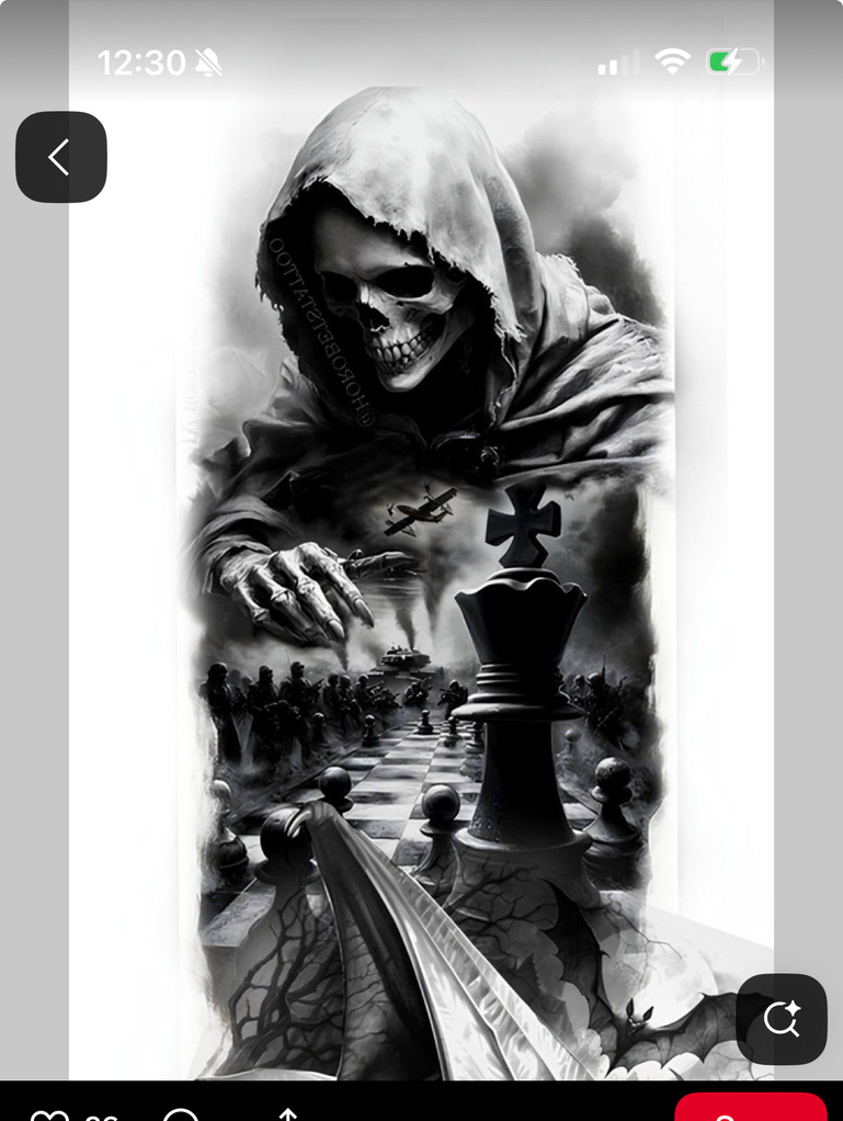 Grim reaper over chessboard and war scene — inspired custom concept Joshua Cole can tattoo, Work of Art Tattoo & Piercing, Las Vegas