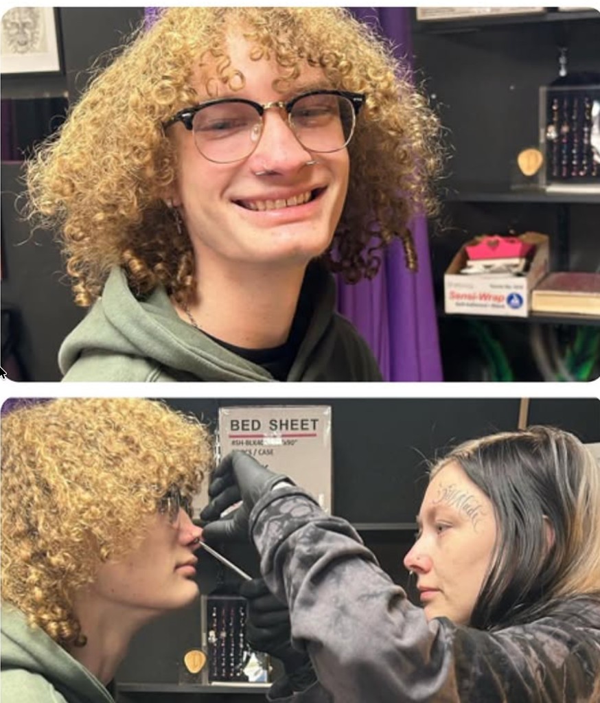 Curly-haired client smiling after septum ring as piercer needles the columella below — Joshua…, Work of Art Tattoo & Piercing, Las Vegas