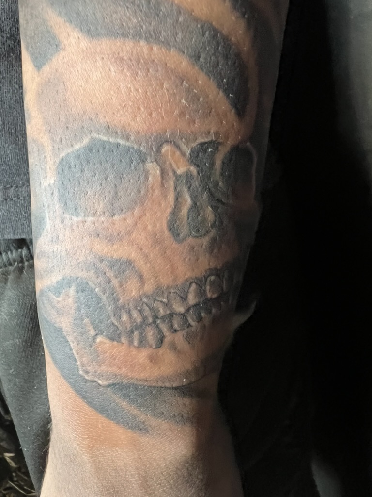 Three-quarter black and grey skull with smoky shading on forearm. — Joshua Cole, Work of Art Las…, Work of Art Tattoo & Piercing, Las Vegas