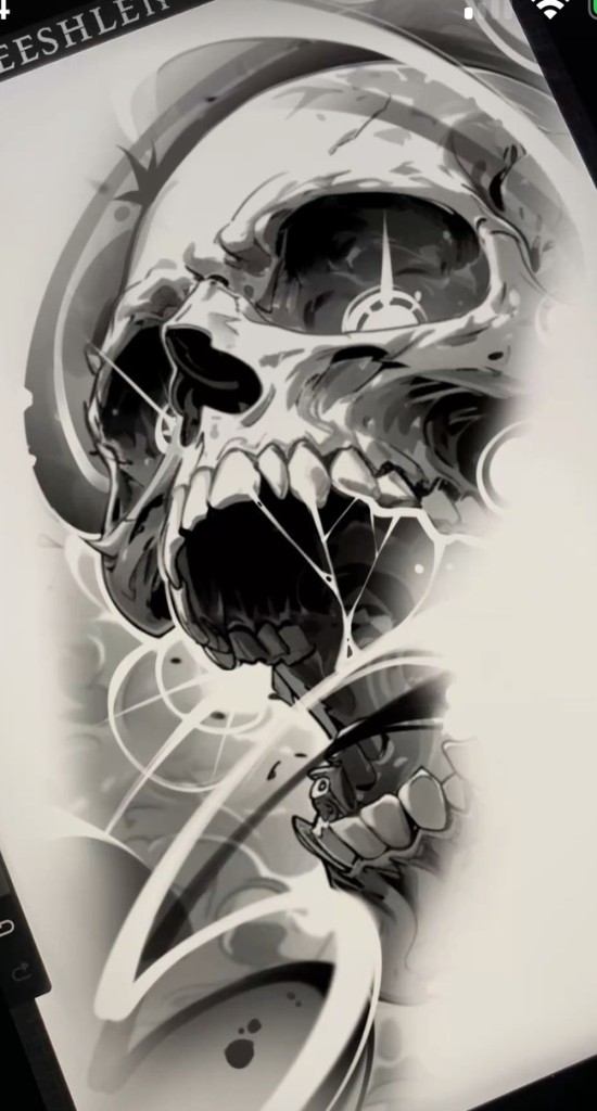 High-contrast skull illustration with graphic lens flare — Joshua Cole custom design, available…, Work of Art Tattoo & Piercing, Las Vegas