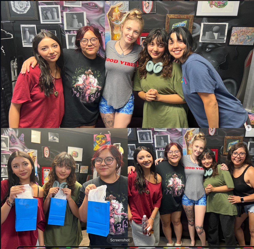 Collage of smiling women posing before flash-covered walls holding small blue gift bags — Joshua…, Work of Art Tattoo & Piercing, Las Vegas