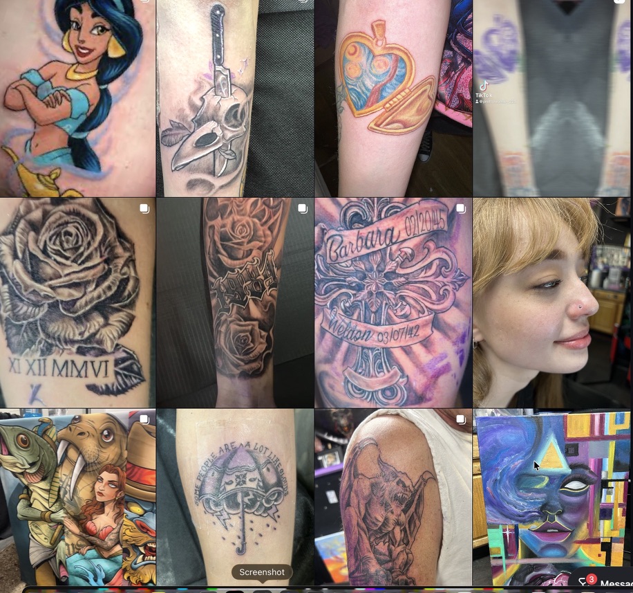 Studio grid collage showing color, blackwork, and realism tattoo samples. — Joshua Cole, Work of…, Work of Art Tattoo & Piercing, Las Vegas