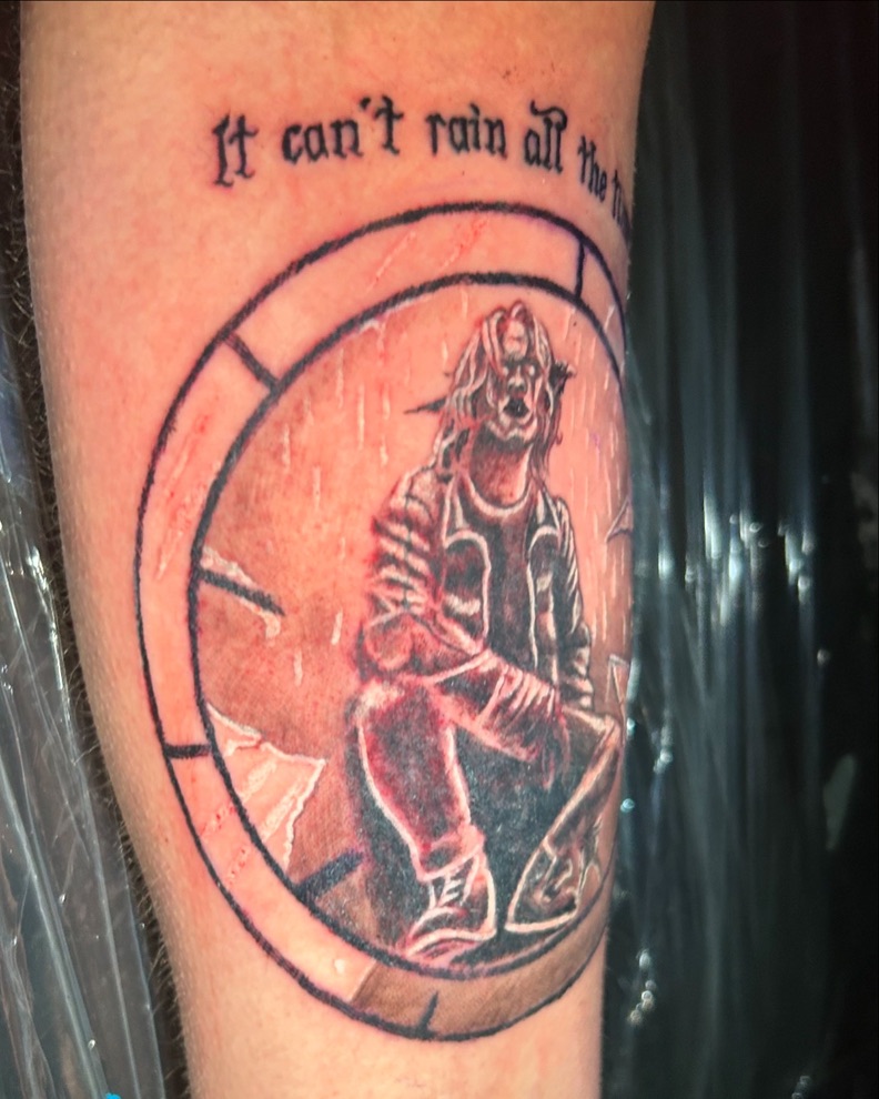 Eric Draven Crow tattoo with gothic quote — black and grey illustrative work by Joshua Cole…, Work of Art Tattoo & Piercing, Las Vegas